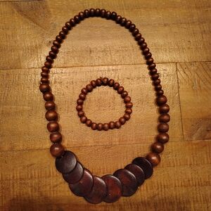 Elegant Brown Wooden Beaded Necklace and Bracelet Set